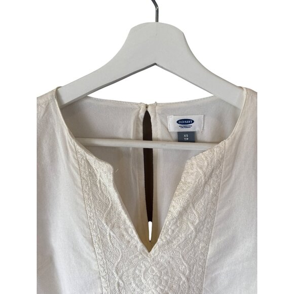 Old Navy Embroidered Cream Tunic Dress XS Lace Trim Keyhole Back Boho Casual - Picture 2 of 7